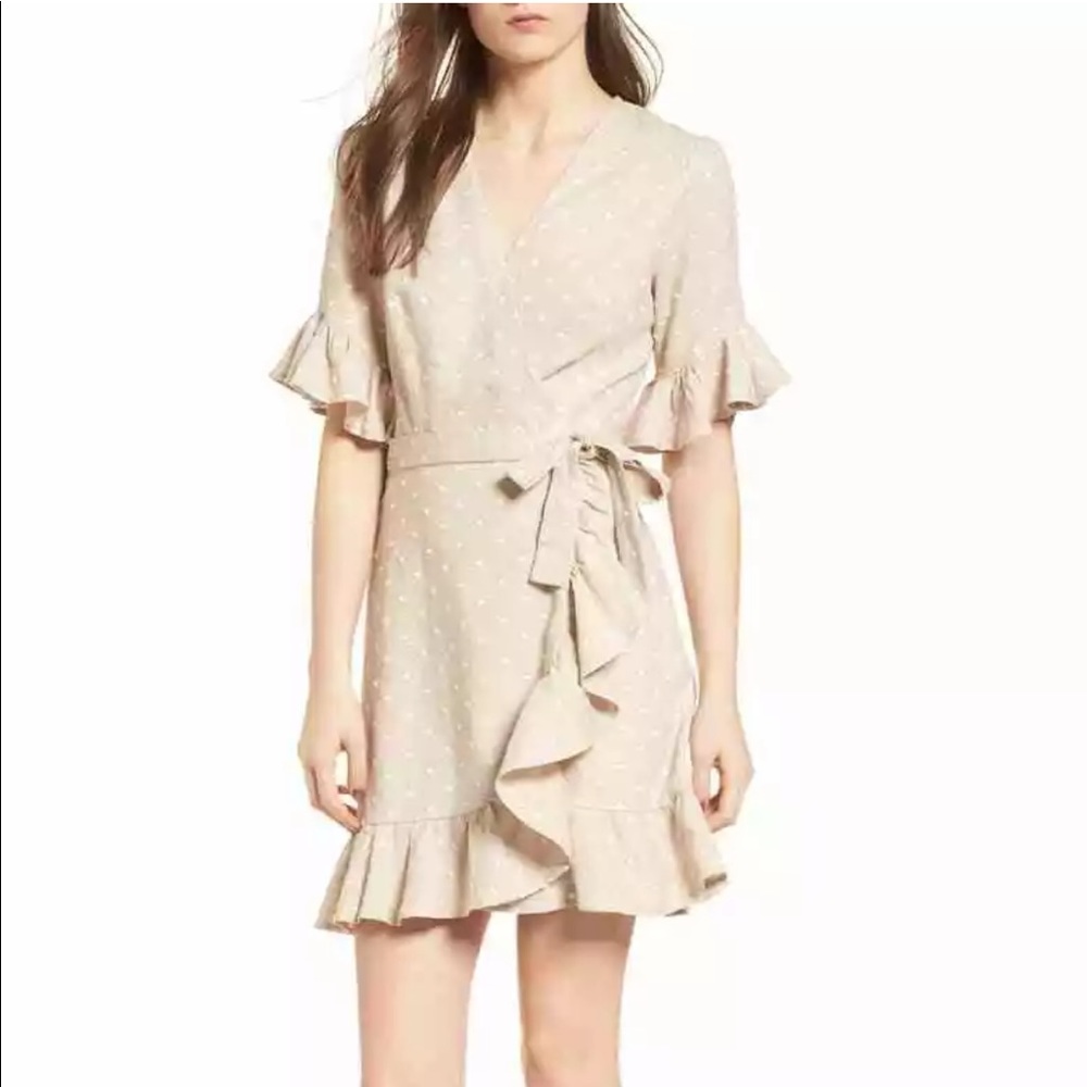 WAYF beige white polka dot wrap dress